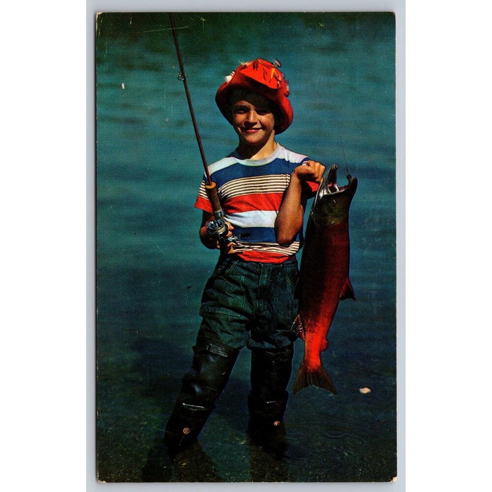 Vintage Postcard 1960s Boy Fishing Sockeye Salmon Plastichrome Washington MT